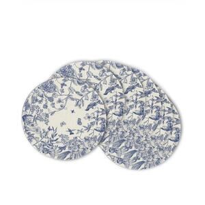 Blue White Floral Toile Round Placemats Set of 6 Washable 13.5” Farmhouse Deco